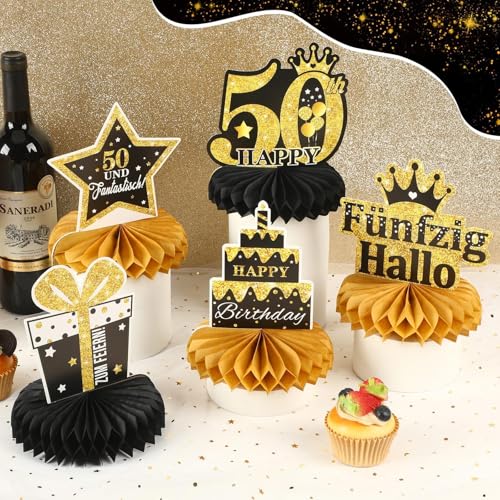 JULMELON 50.Geburtstag Tischdeko,10 Stück 1976 Schwarz Gold 50 Geburtstag Deko 3D Papier Bienenwabe Happy Birthday Tischdeko für Männer Frauen Tischdekoration Party