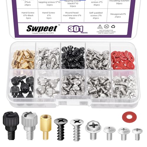 Swpeet Juego de 310 tornillos para ordenador para placa base, tornillos de montaje para PC, juego de tornillos para placa base, disco duro, disco duro, PC, ventilador de alimentación, bricolaje,