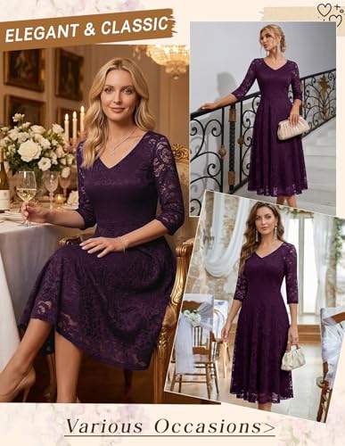 Image of Dressystar Womens Long-Sleeve Wedding Guest Dress A-Line Lace Formal Party Cocktail Midi Dress Prom Gown