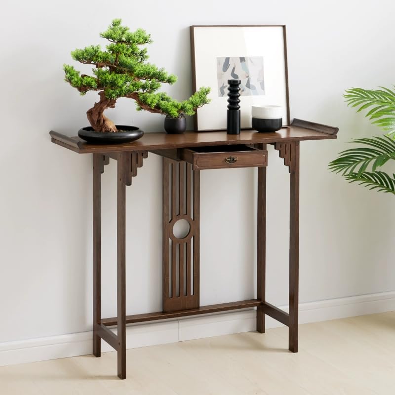 Consola de sofá de estilo japonés con estantes de almacenamiento, consola de bambú con cajón, escritorio vintage estrecho y largo para entrada, pasillo, vestíbulo (sin división, 82 (52) x 31 x 83 cm)