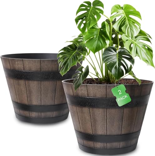 WEICHENGXING Large Plant Pots, 20 Inch 2 Pack Plastic Whiskey Barrel Planters, Big Flower Pots Wine Barrel Design for Outdoor Indoor, Garden, Porch, Patio, Backyard