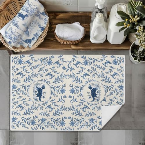 Image of Blue Chinoiserie Border Collie Kitchen Towels, Border Collie Gifts Dish Tea Towels for Kitchen, Vintage French Toile Dog Decorative Hand Towel for Bathroom, Dog Lover Gifts, 16x24 Inch Set of 2