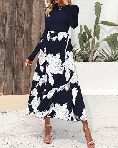 Image of BTFBM Womens Floral Maxi Dress Fall 2025 Casual Crewneck Long Sleeve Ruffle Flowy Cocktail Wedding Guest Dresses