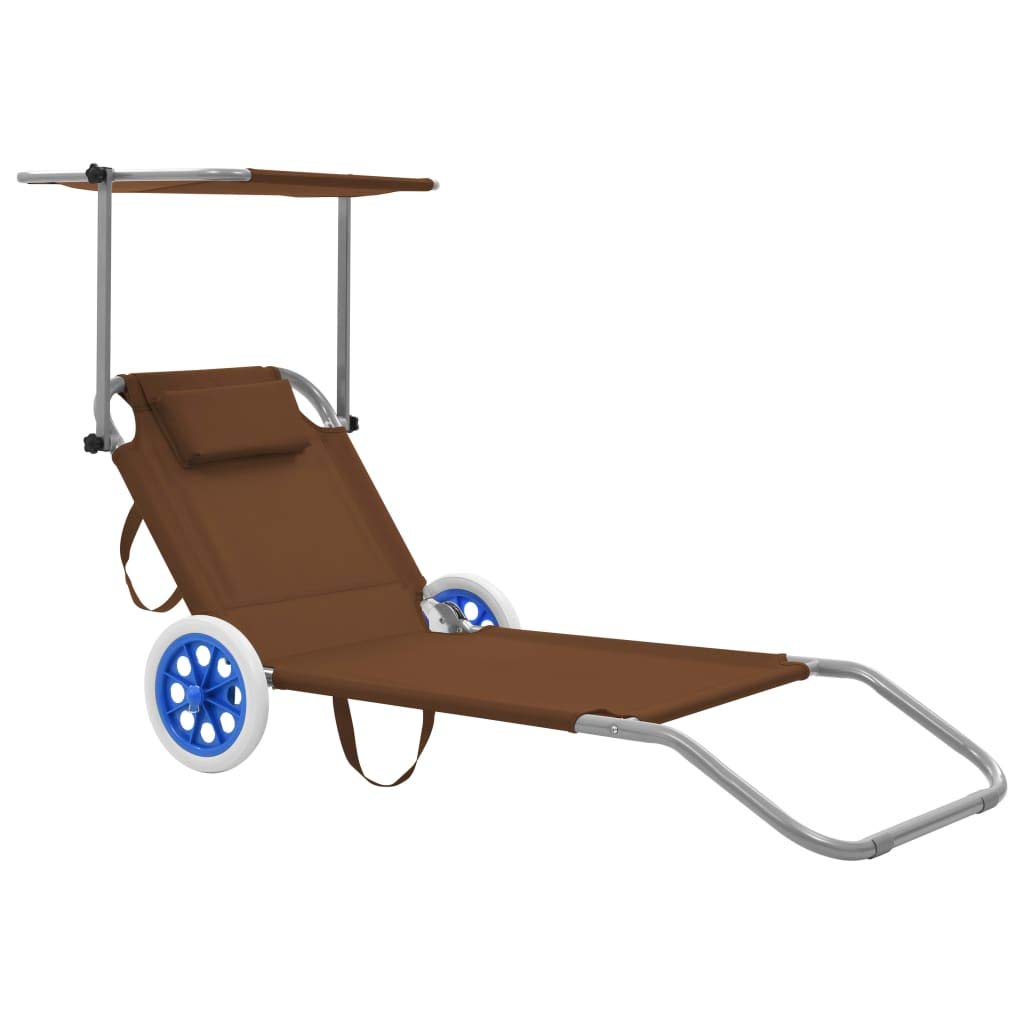 Strandliege Stuhl Outdoor Campingliege Terassenmöbel Klappliege mit Sonnenschutz und Rädern Stahl Taupe für Patio Strand Terrasse Pool
