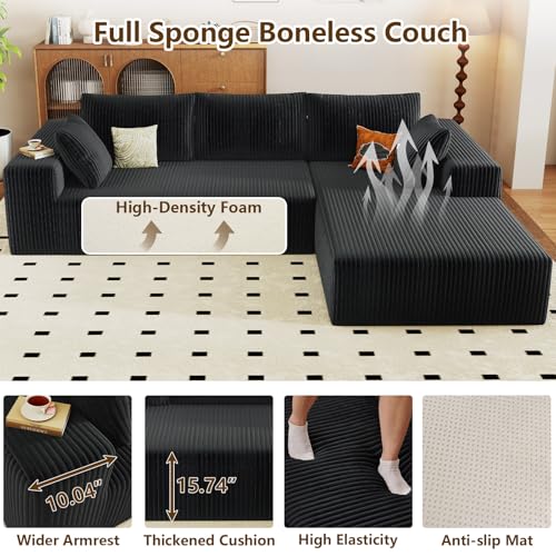 Image of 96 inch Modular Sectional Couch, Boneless L Shaped Cloud Sofa with Chaise Lounge, Corduroy Upholstered Couches Memory Foam Deep Seat, No Assembly Required, Ideal for Living Room(Black, Right Facing)