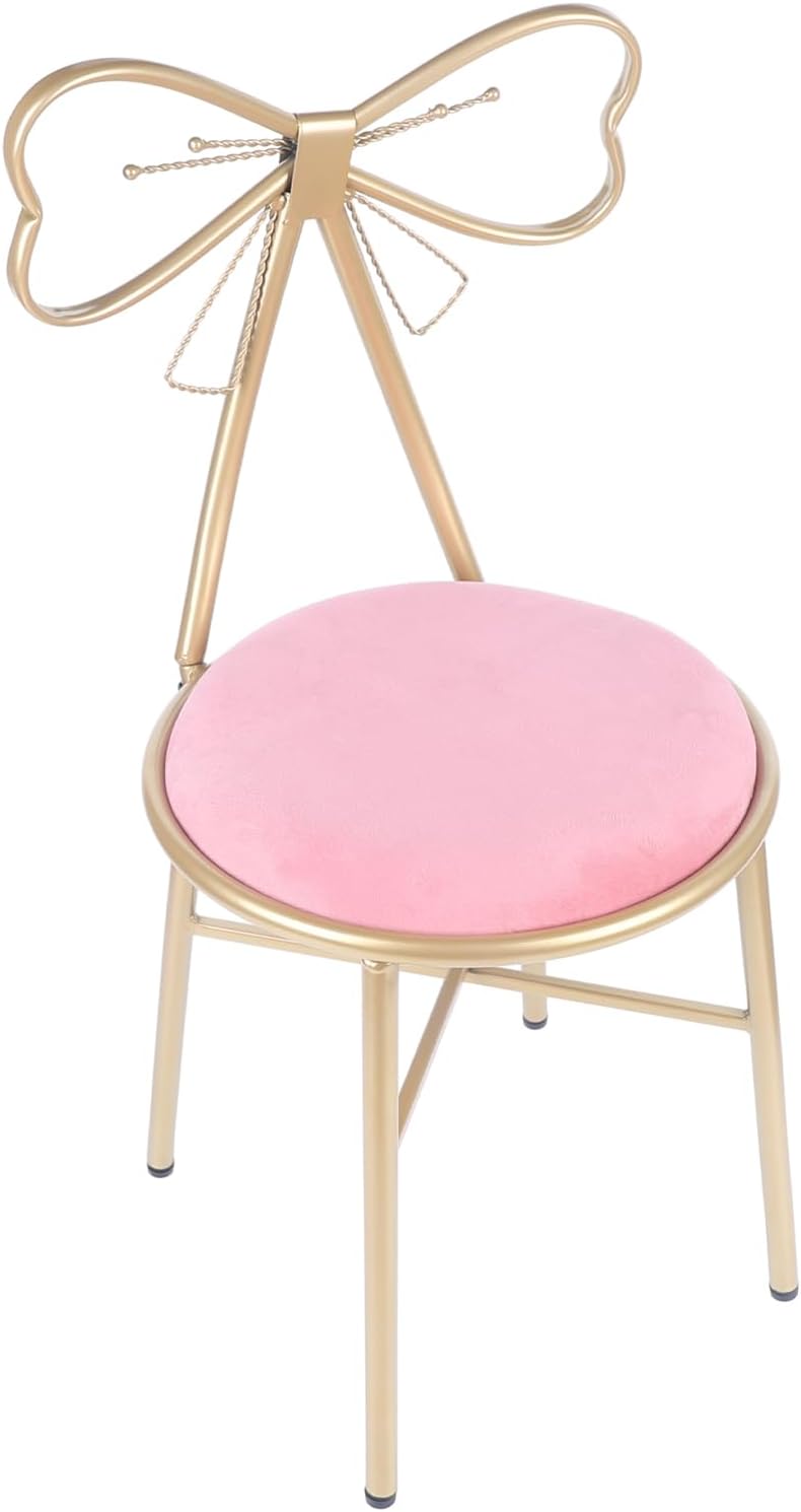 Velvet Vanity Chairs, Metal Cute Butterfly Stool Chair Dresser Makeup Chairs Stool with Pink Velvet Cushion and Bow Knot Backrest for Girl Bedroom, Living Room (Dark Pink)