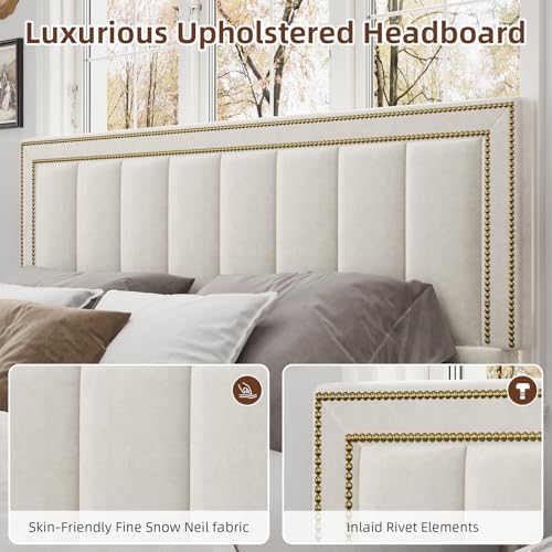 Image of BarnFurin Full Size Bed Frame with 50 inch Tall Headboard and Footboard, Chenille Upholstered Bed Frame, Vertical Channel Tufting with Nailhead Trim, No Box Spring Needed, Easy Assembly, Beige