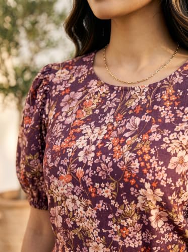 Image of HELLCAT Women Floral Fit & Flare Midi Dress | Round Neck, Puff Short Sleeve, Waist Tie-Up Belt | Casual Brunch Wear, Western One Piece, A-Line Long Frock, Summer Party Outfit