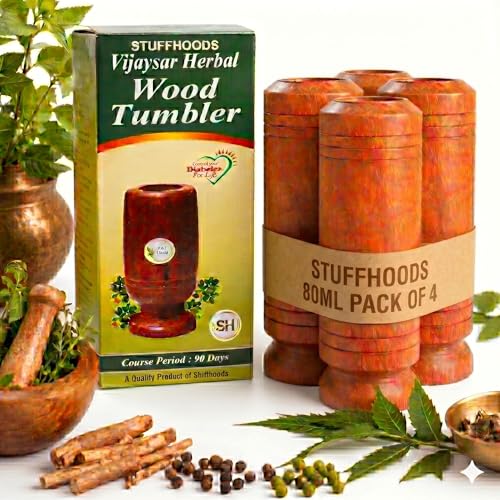 Image of Vijaysar Wooden Glass Tumbler for Diabetes Control, Set of 4, Vijaysar Heartwood Ayurvedic Glass /Tumbler, Indian Kino Tree Wooden Tumbler, Vijaysar Ki Lakdi Ka Glass, Vijaysar Herbal Tumbler-Pack of 4