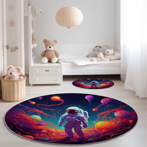 Genérico Alfombra Redonda para Dormitorio 90 cm - Fantasía Espacio Astronautas Tema Franela Pelusa Corta Alfombras Redondas, Vistoso Antideslizante Alfombra para Decoración de Comedor