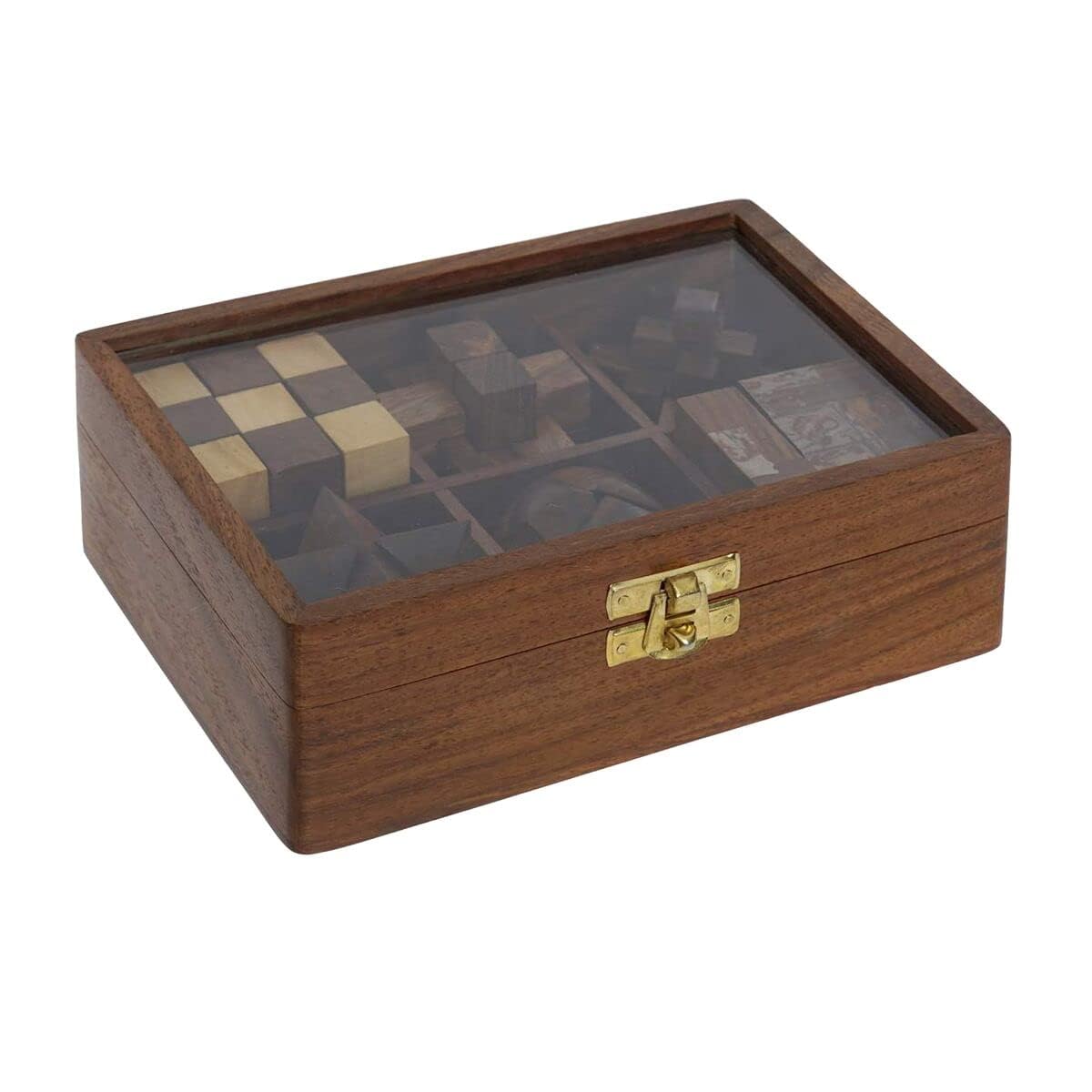 Monkeycrafts Handcrafted Wooden Puzzle Game 6 in 1 Set Brain Teaser for Teens and Adults & Childrens Puzzle Set with Top Glass Lid Box partition (Brown) (B0D3M35DG3) Amazon Price History, Amazon Price Tracker
