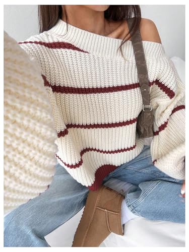 Verdusa Women's Striped Oversized Off The Shoulder Sweater Long Sleeve Pullover Knit Tops Fall Clothes3