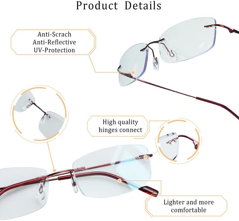 LifeArt Blue Light Blocking Glasses, Computer Reading Glasses, Anti Blue Rays, Reduce Eyestrain, Rimless Frame Tinted Lens with diamond, Stylish for Men and Wowen (Red, No Magnification)