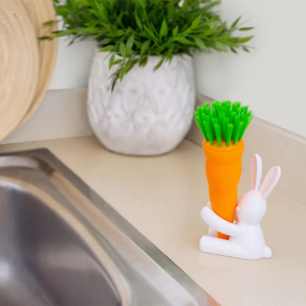 Balvi Cepillo lavaplatos Bunny Cepillo en Forma de Zanahoria y Soporte en Forma de Conejo para Platos