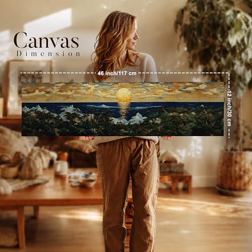 Image of Japanese Nihonga Seascape Stretched Canvas Wall Art Painting for Living Room, Sun Rise Canvas Wall Decor For Livingroom, Bedroom, Office, Hallway's, Hotel 12x46 Inch