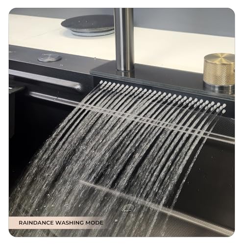 Image of Kitchen Sink | 30x18x9 Inch Waterfall Sink for Kitchen | 304 Grade Stainless Steel Basin with Honeycomb Black Finish Design Waterfall Integrated Pull Down Faucet