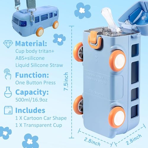 Image of Zollyss Baby Water Bottle | Water Bottle 500 ml with Straw | Cartoon Bus Design | One-Button Press Lock | School Bottle for Toddlers & Kids (Blue)