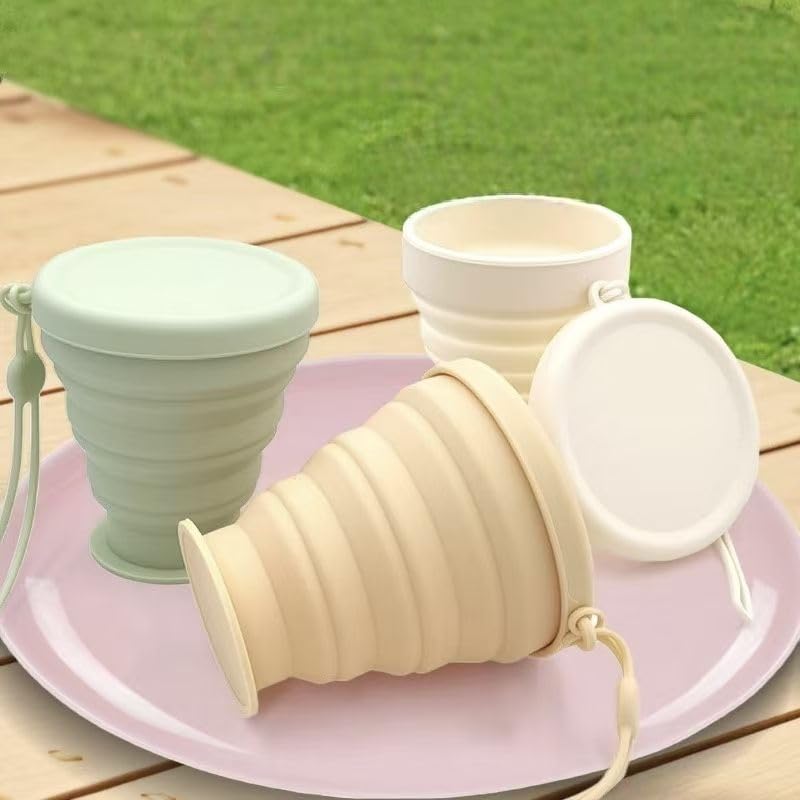 Image of 600ml Folding Silicone Water Bottle Sports Water Bottle Outdoor Travel Portable Water Bottle with Leak-Proof Lid Space-Saving Portable Bottle for Travel, Gym, Hiking, Camping (BEIG&GREEN)