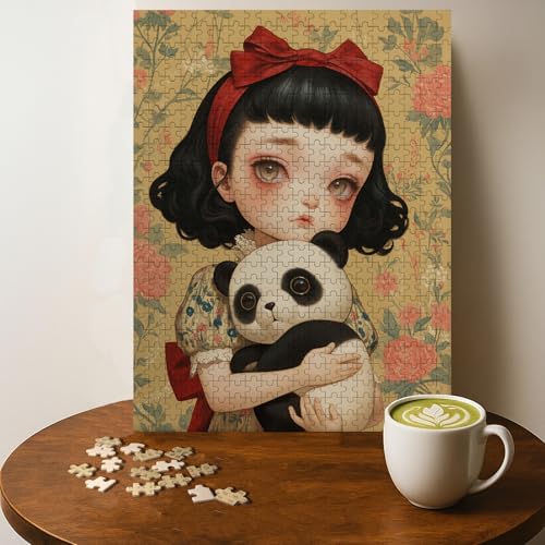Doll Panda Gothic Jigsaw Puzzle - 500 Pieces Wooden Puzzle for Adults, Wall Art Gift, Finished Size: 20 x 15 Inch
