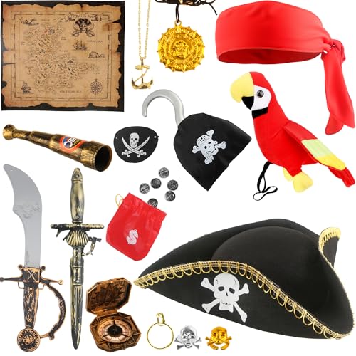 Flotory 16 Pcs Kids Pirate Hat Costume Kit Stuffed Parrot on Shoulder Eye Patches Tricorn Hat Accessories for Boys Halloween Cosplay (Color Style 2)