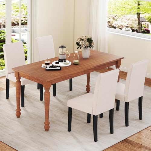 Image of COSTWAY Fabric Armless Dining Chairs Set of 4, Upholstered Kitchen Side Chair w /Rubber Wood Legs, Padded Seat & High Backrest, Mid-Century Modern Accent Chairs for Living Room Restaurant (Beige)