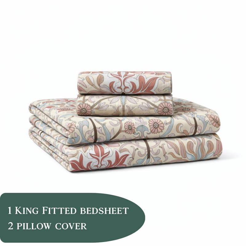 Image of THEA King Elastic Fitted Double Bedsheet Set| 180 TC Cloud Soft Cotton Touch| 1 King Elastic Double Bedsheet for King Size Bed (72 X 78 x 10 inches) with 2 Pillow Covers,Blush Symphony