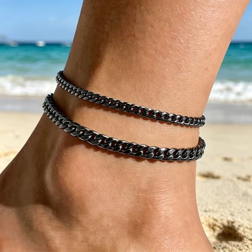 Image of Silver Ankle Bracelets for Women Waterproof Stainless Steel Anklet Adjustable Layered Cuban Silver Anklets Set Summer Beach Foot Jewelry Gift