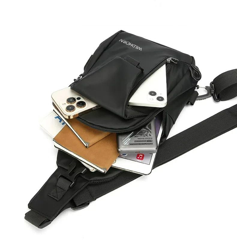 Image of WildHorn Nylon Sling Bag for Men & Women | Waterproof Chest Shoulder Bag with USB Charging Port | Compact Crossbody Bag for Phone, Wallet & Daily Essentials