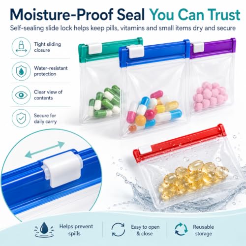Image of Self Sealing Zipper Medicine Bags, Waterproof Pill Pouch Organizer with Slide Lock, Reusable Pill Pouches for Travel, Double-Track Airtight Sea, for Daily Use Medicine Qtips Small Items (28Pc)