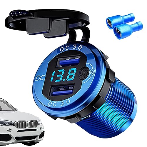 ライターUSB充電器, アルミニウム製高速カーチャージャー、スイッチボタン付き、デュアルUSB、QC3.0、LED電圧表示、12V、24VLED ディスプレイ デュアル ポート QC3.0 電話充電プラグ (スイッチ付き), タブレット、カーレコーダー、カ