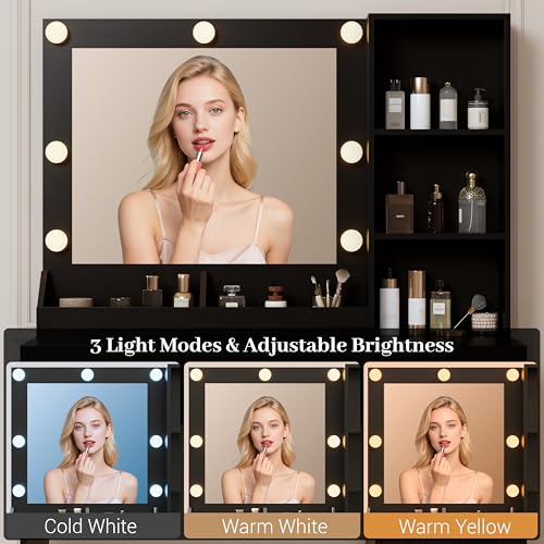 Image of Wodeer Small Makeup Vanity Desk with Mirror and Lights, Vanity with Glass Cabinet, LED Lights & Power Outlet, Drawer & RGB Glass Cabinets, Adjustable Lighted Dressing Table for Women & Girls Bedroom