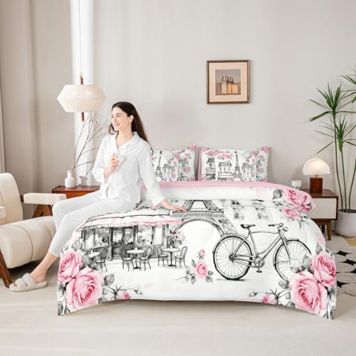 Image of Eiffel Tower King Size 7 Pcs Bedding Sets with Sheets,Comforter,Pillowcases,Pillow Covers French Building Decor Romantic Style Comforter Set Pink Rose Hot Air Balloon Bedroom Dorm Bed Set