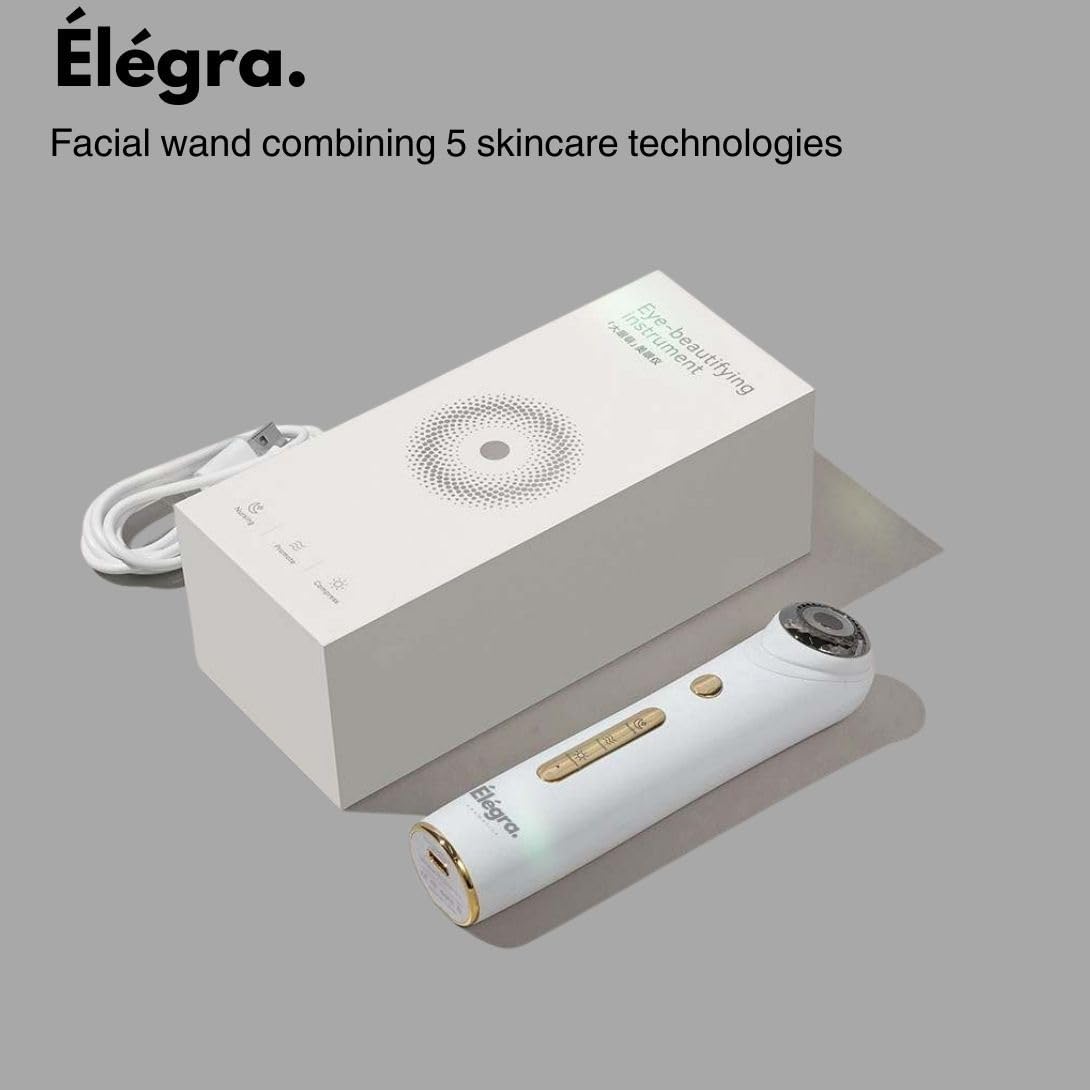 Elegra 5-in-1 LED Facial Light Therapy Wand | Red, Blue, and Mixed Light | Hot Compress, Massager, Adjustable & Golden Head