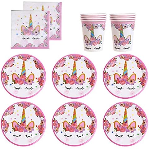 DERAYEE Unicorn Party Supplies, 36pc Unicorn Party Tableware Set Plates Cups Napkins Birthday Party Celebration Paper Tableware Decorations Cover