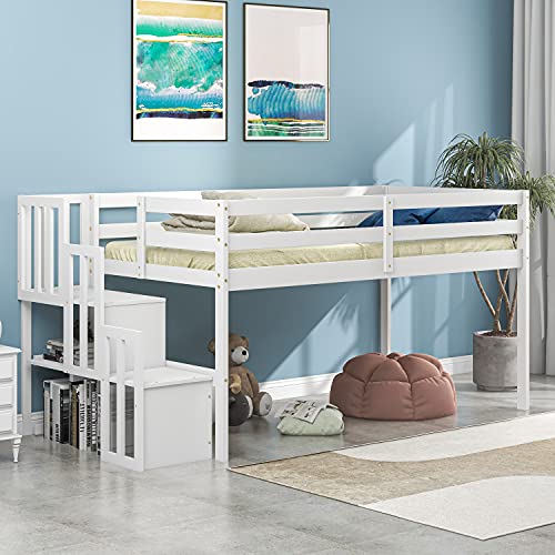 LoLado Twin Loft Bed with Stairs Storage Shelf for Kids Boys Girls Young Children (White)