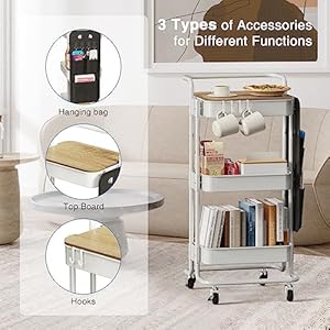 DTK 3 Tier Metal Utility Rolling Cart with Table Top and Side Bags Metal Tray Storage Organizer Cart with Wheels Art Craft Cart with 4 Hooks for Kitchen Bathroom Office Living Room White