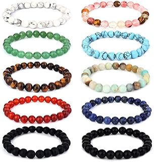 Finrezio 10 Pcs 6/8mm Natural Beaded Bracelets for Women Men Energy Healing Stone Stretch Elastic Bracelet Set Crystal Charm Couples Bracelets