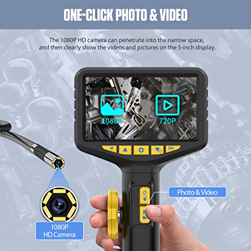 Two-Way Articulating Borescope, 5" Ips Screen Endoscope With Articulated Snake Camera, Ip67 Waterproof Borescope Inspection Camera 1080P With Lights For Automotive Aircraft Mechanics（3.3Ft） #TOP1