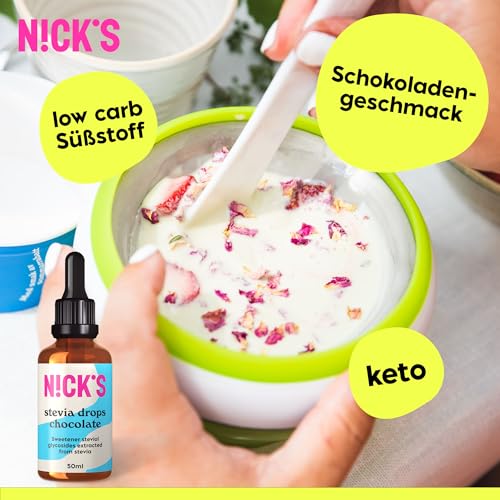 NICKS Stevia Flüssig Flavour Drops Schokolade (50ml), Keto Zuckerfreie Tafelsüße ohne Kalorien, Low carb Zuckerersatz, Süßstoff, Flüssigsüße, Alternative zu Zucker, Süßungsmittel mit Pipette