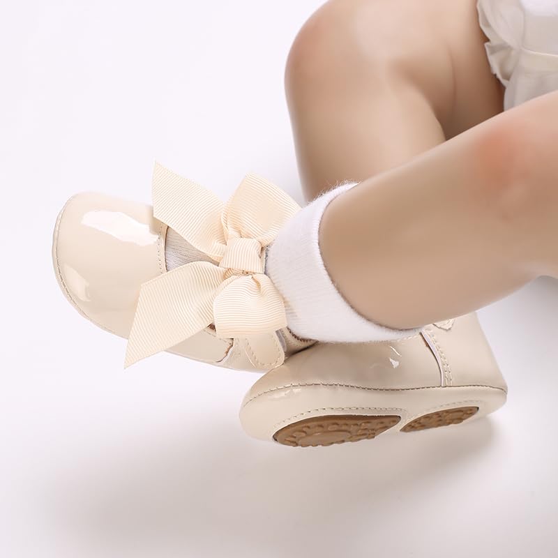 LAFEGEN Baby Girls Mary Jane Flats with Bownot Non Slip Soft Sole PU Leather Newborn Infant Toddler First Walker Cirb Dress Shoes2