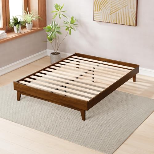 Image of Arman HANDICRAFTS Solid Wood Queen Size Platform Bed Frame with Upholstered Headboard, Heavy Duty Wooden Slats Support, 800 lbs Capacity, No Box Spring Required, Walnut Finish