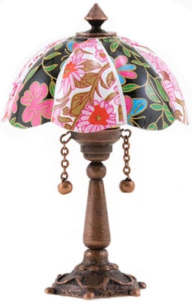 Town Square Miniatures Dollhouse Bronze Table Lamp with Floral Tiffany Shade 12V Electric Lighting
