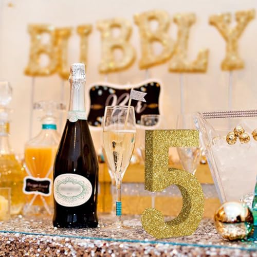 Image of TONIFUL 7.8 Inch Gold Glitter Number 5 Wooden Table Centerpieces Birthday Party Decorations,Shining Golden Digit 5 for Birthday Decorations,New Year,Graduation Decoration,Anniversary,Prop (1 Pack)
