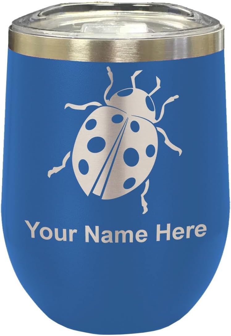 LaserGram 16oz Double Wall Stainless Steel Wine Glass Tumbler, Ladybug, Personalized Engraving Included (Red)