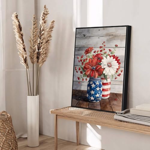 Image of Wildflower Field Framed Canvas Wall Art, 4th of July Red White Blue Canvas Prints, Flowers and Stripes Patriotic Decorations, Independence Day Wall Decor for Bedroom Living Room Office 24x36