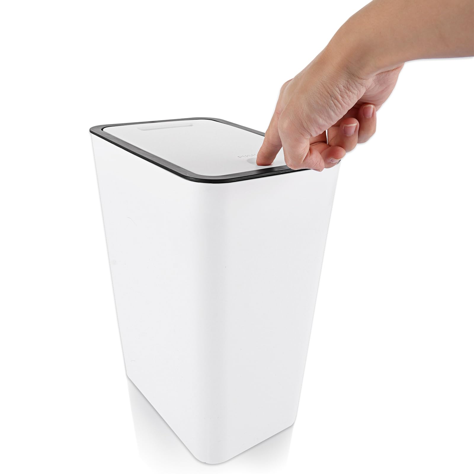 AHAQU 12L/2.6 Gallon Bedroom Bin with Lid, Push Button Rubbish Bin Kitchen, Plastic Slim Bins for The Kitchen, Bathroom, Living Room, Office, Toilet-White
