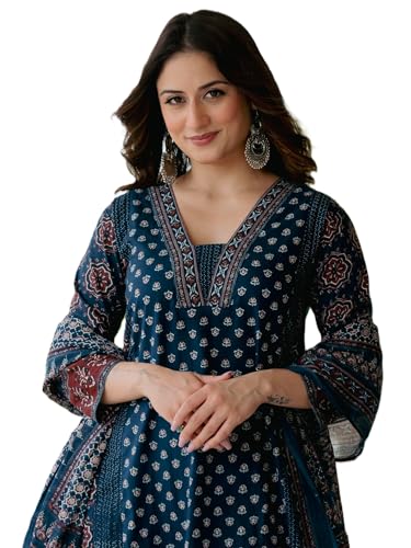 Image of Arayna Women's 100% Pure Cotton Printed Ethnic Suit | A-Line Kurta Set with Pant & Dupatta