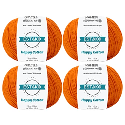 Estako Happy Cotton 60% Cotton 40% Acrylic Yarn, Sport 2, Orange, 4-Pack
