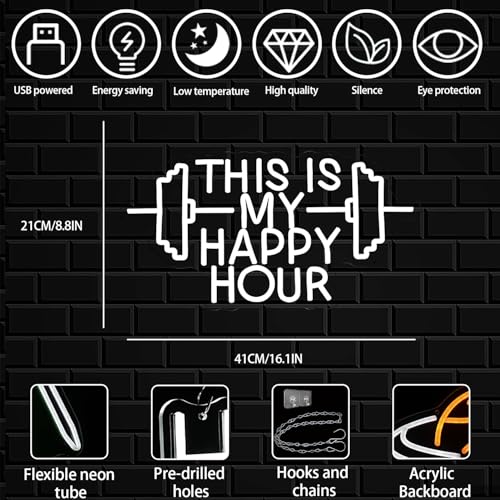 Image of This Is My Happy Hour Neon Sign for Wall Decor, Dimmable White Gym Neon light, Letter Fitness Led Signs for Sports Room, Party Bar,Fitness Club Wall Decor