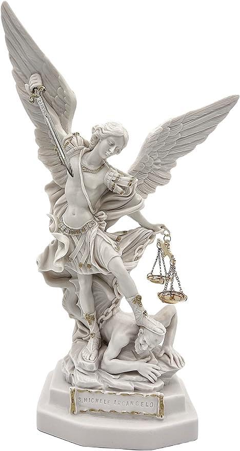 OVUNQUE PROTEGGIMI Estatua de San Miguel Arcángel en polvo de mármol blanco. Con espada y balancín. (33 cm), GRSM22-33